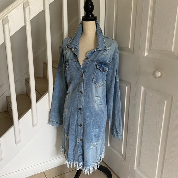 Highway Jeans Jackets & Blazers - Long Distressed Jeans Jacket